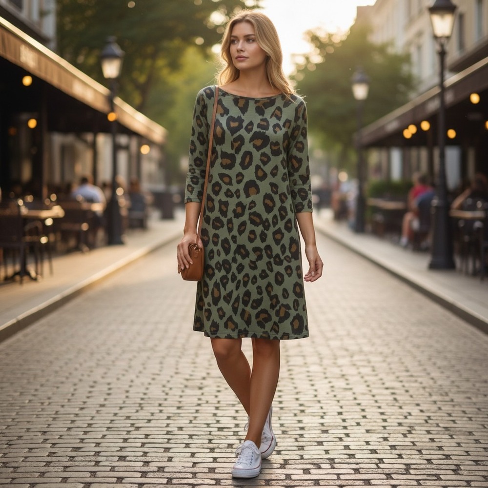 Uncle Frank Green Leopard Print Shift Dress Womens Size M Office Casual Chic